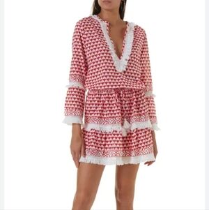 Melissa Odabash Claudia Coverup Fringe Long Sleeve Mini Dress XS Riviera Red